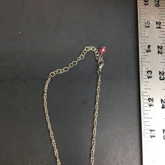 Glass Y Drop Necklace Pink Pendant Iridescent Silver Chain Dangles Twisted Rope - Picture 9 of 9